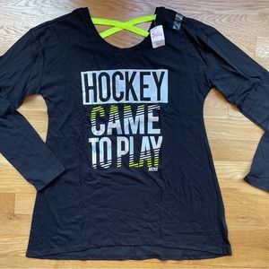NWT Girls Black Hockey Shirt with Iridescent Silver and Neon Yellow Design